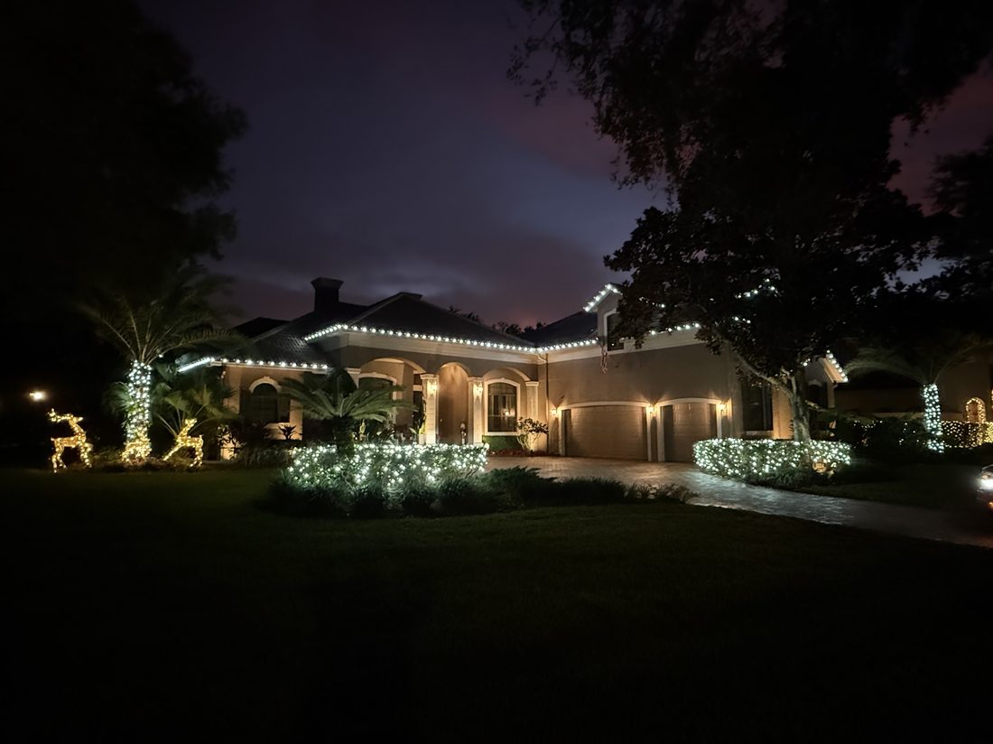 Home with warm white roofline lights, lit hedges and reindeer